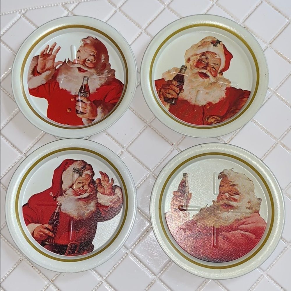Vtg 70s?‎ Coca Cola Santa metal coaster set